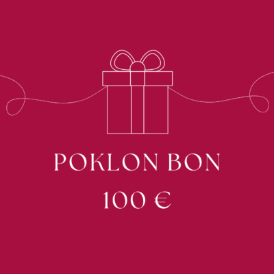 White line-drawing of a gift box on a burgundy background with the text 'POKLON BON' and '100 €' beneath it.