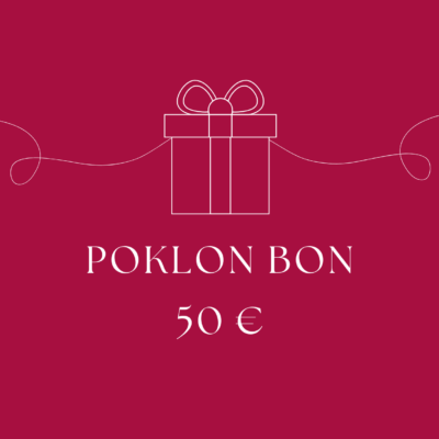 Gift voucher design: white outline present on burgundy background with the words 'POKLON BON' and value '50 €'.