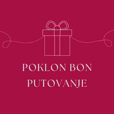 Burgundy background with a white line-art gift box and ribbon; text reads 'POKLON BON PUTOVANJE'.
