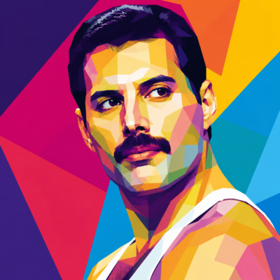 Colorful polygonal portrait of a man with a mustache looking to the side against a bold, abstract background.