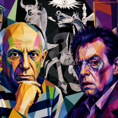 Vibrant cubist collage of two men in the foreground—one with a hand to his chin and the other with dark hair—surrounded by geometric shapes and surreal animal motifs in a colorful background.