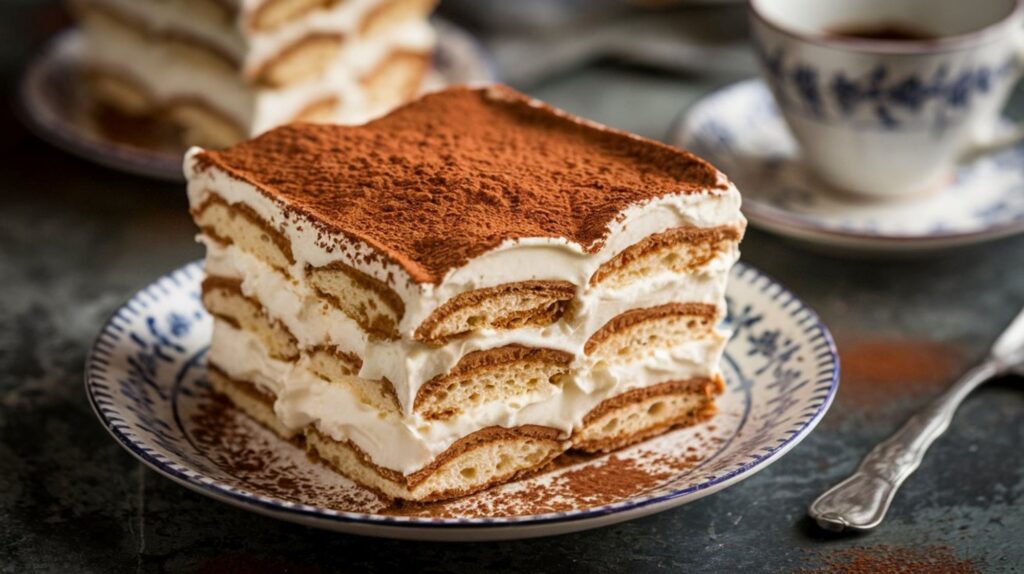Slice of tiramisu on a blue pattern plate with cocoa dusting and a coffee cup in the blurred background.